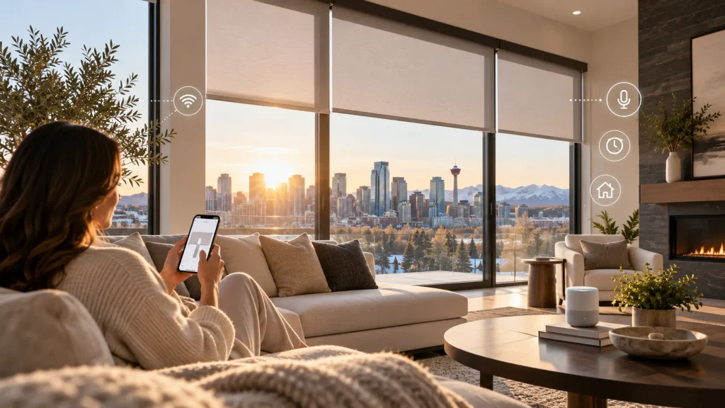 motorized smart shades Calgary controlled by Google Home in a modern living room