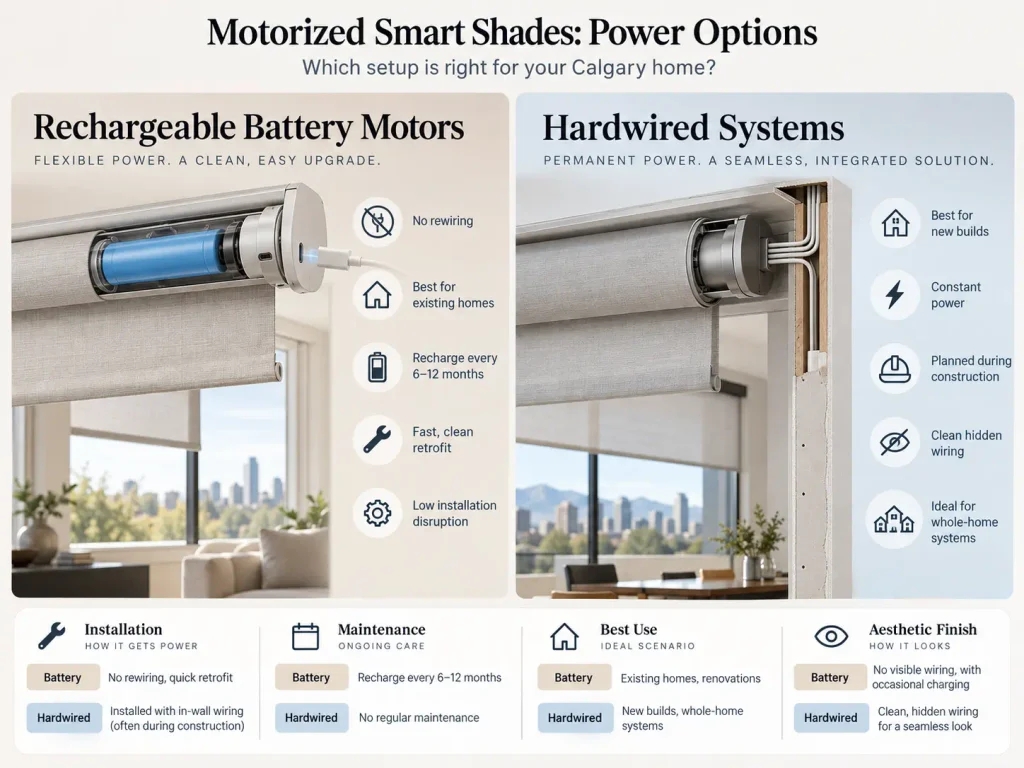 rechargeable motorized blinds compared with hardwired window shades for Calgary homes